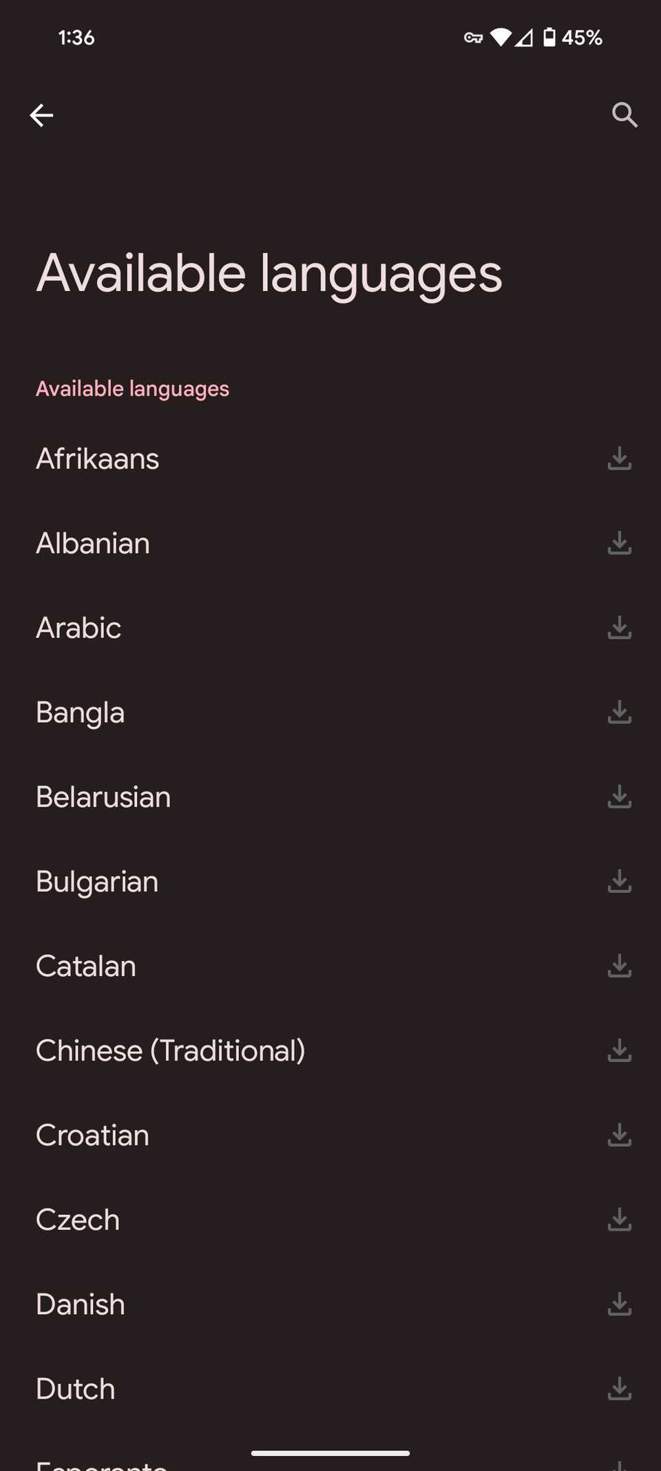 Selecting a language for Google Pixel live translation feature on Android 15