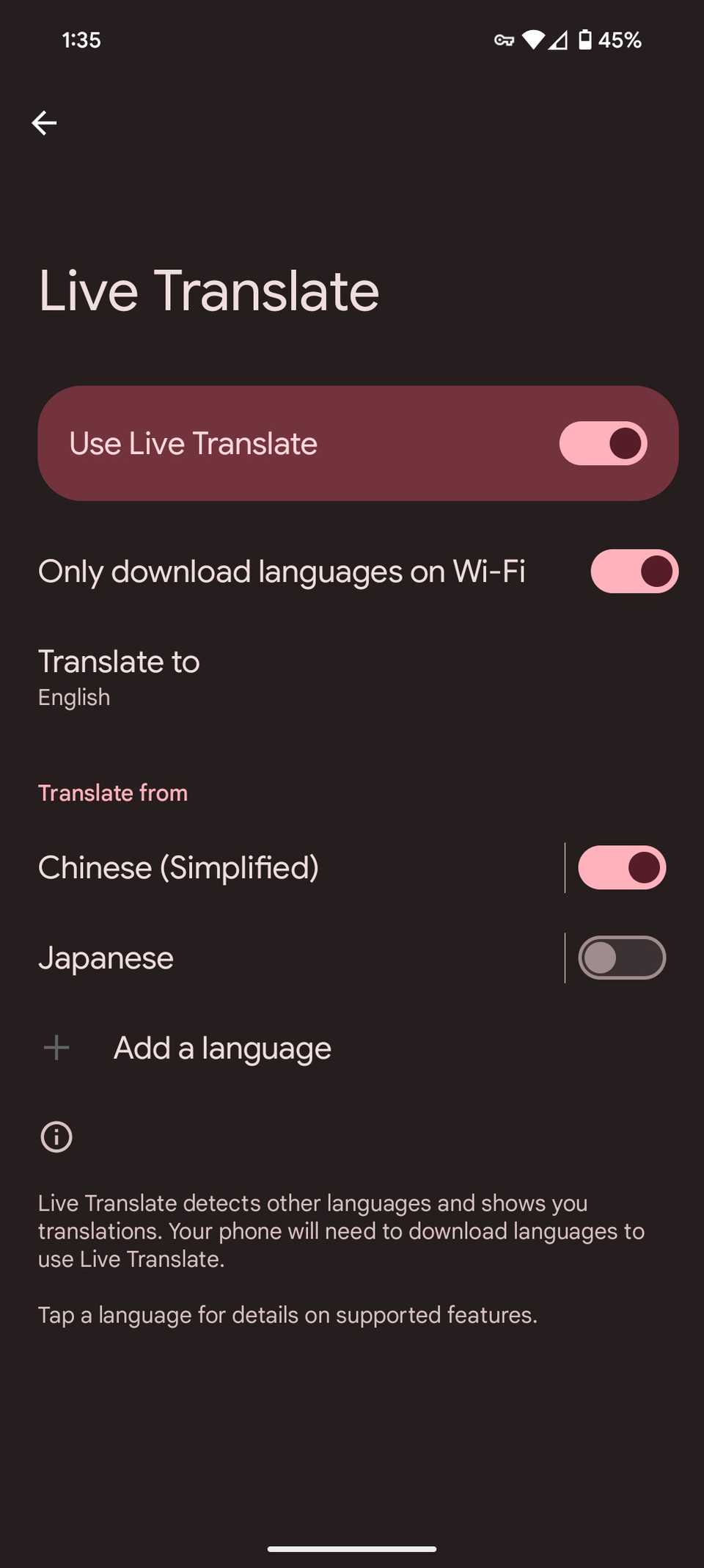 Google Pixel settings in the Live Translate settings page with Use Live Translate toggled on