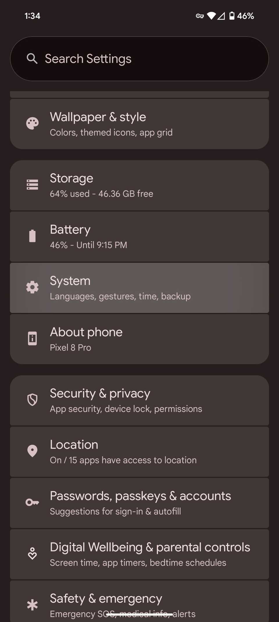 Google Pixel settings with System highlighted on Android 15