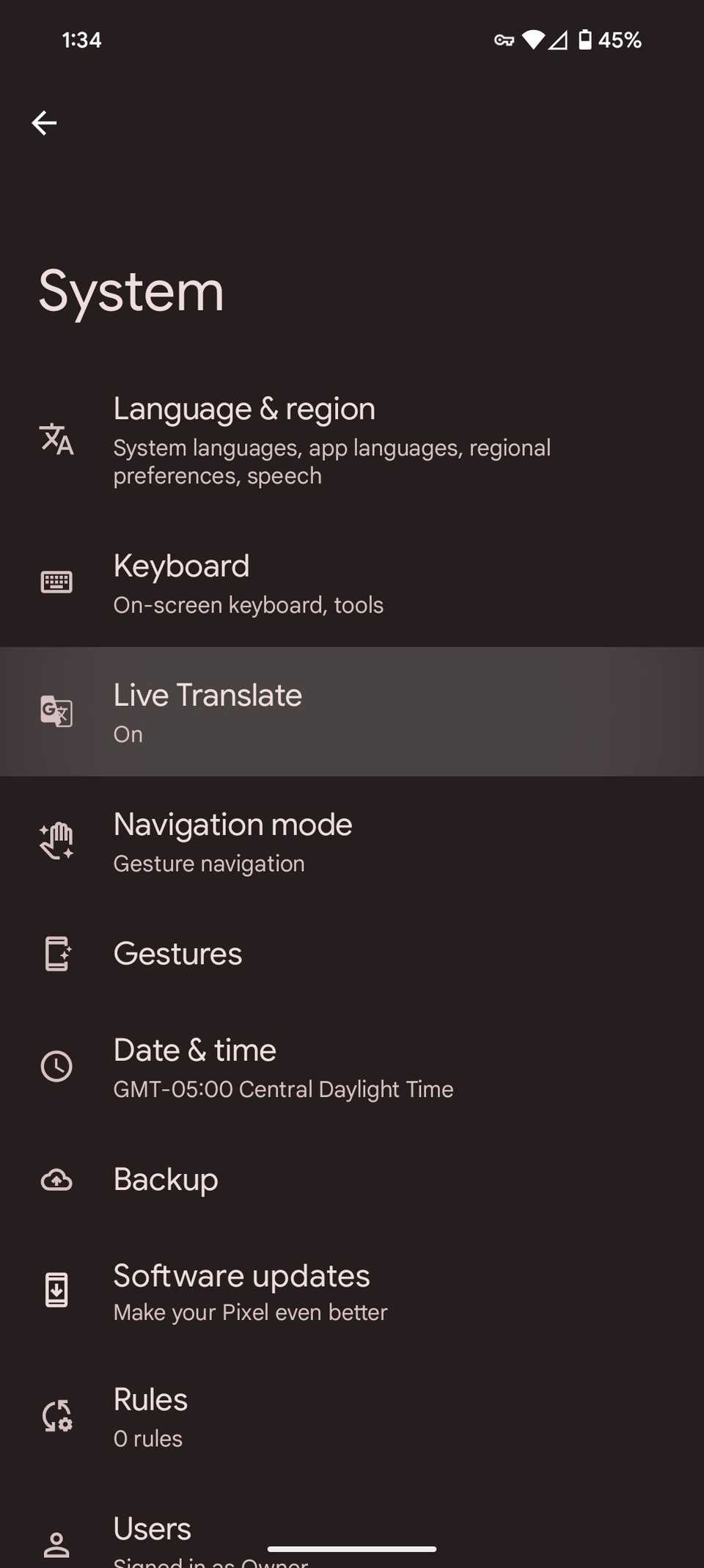 Google Pixel system settings with Live Translate option highlighted on Android 15