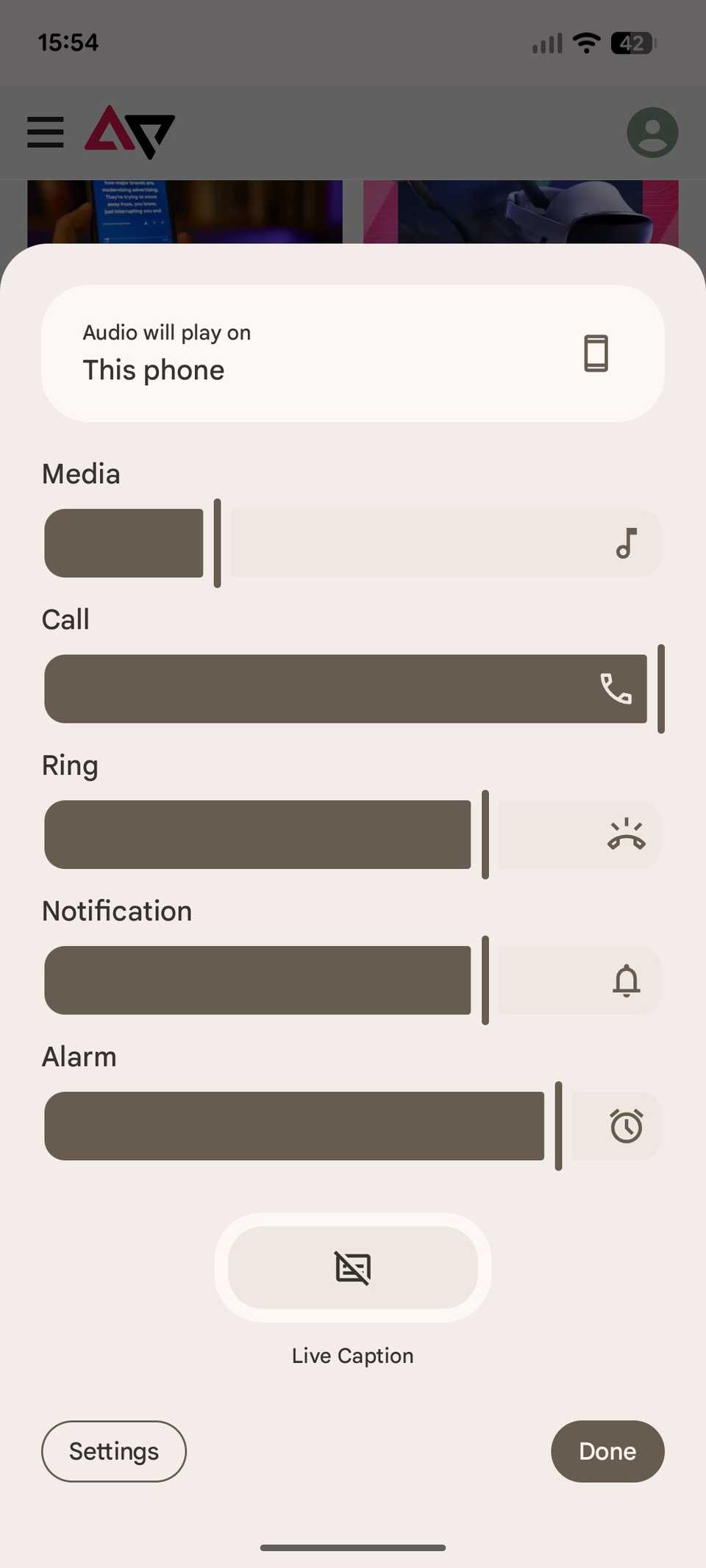 Pixel Live Legend é uma captura de tela destacando diferentes opções de controle de volume com um botão com mais menu sob o controle deslizante de volume do Google Pixel