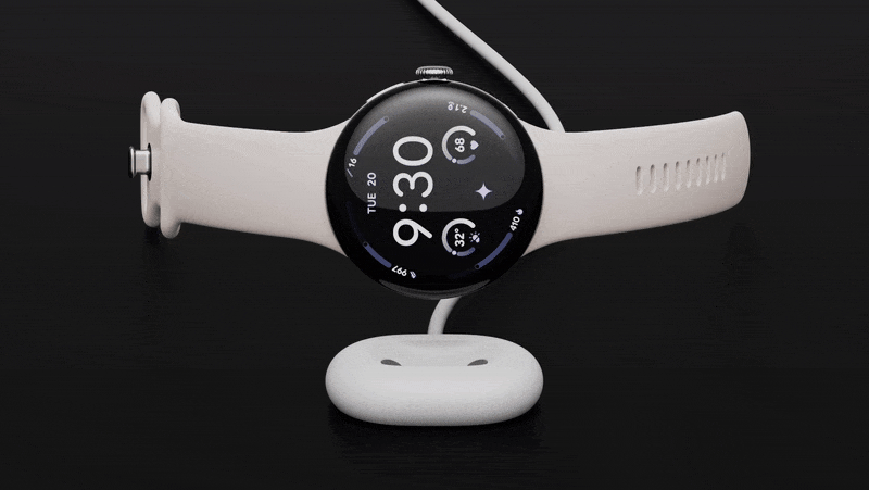 Animation of a Google Pixel Watch 4 dropping onto its charger