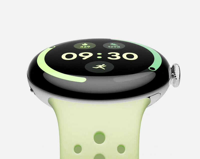 An animation of a water droplet hitting the Pixel Watch 4's display.