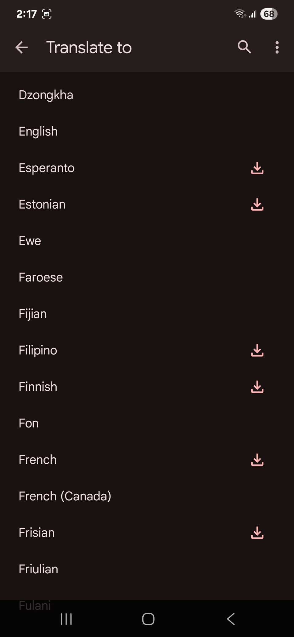 Translate to options when selecting a new language in the Google Translate app