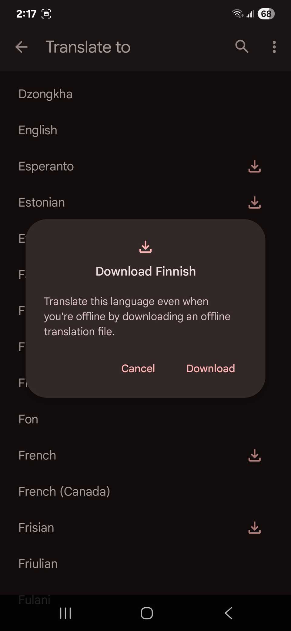 Choosing a new language pack to download for offline use showing a pop up window with the download and cancel buttons for a selected language
