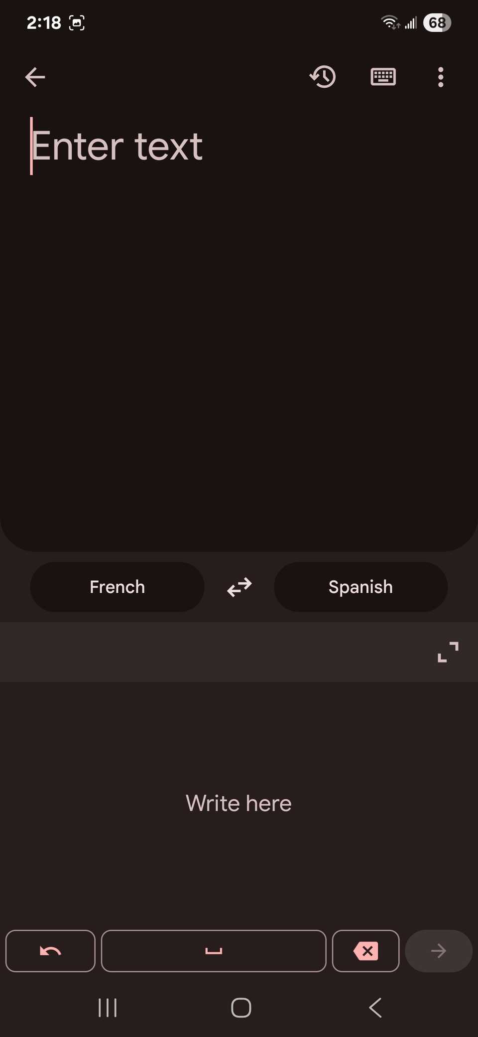 Enter text screen with the handwriting tool enabled in the Google Translate app