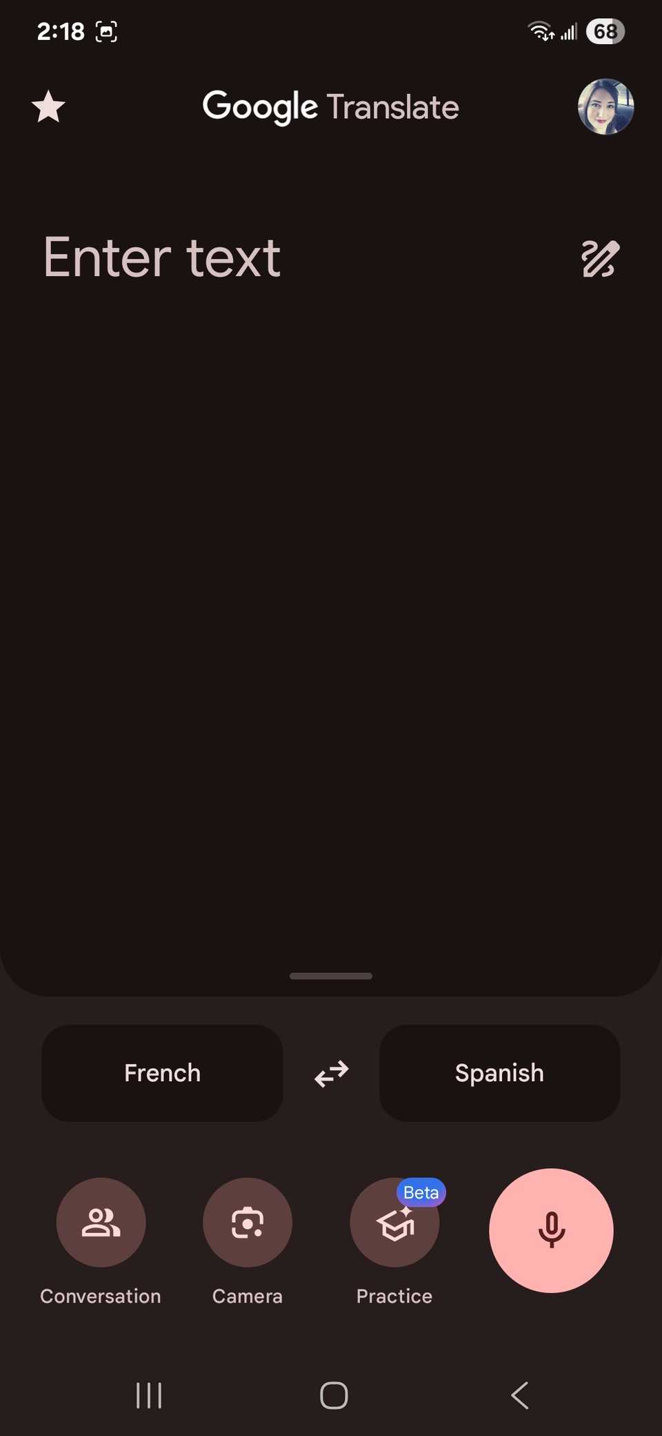 Enter text screen in Google Translate displaying all options including handwriting in the top right corner of the app