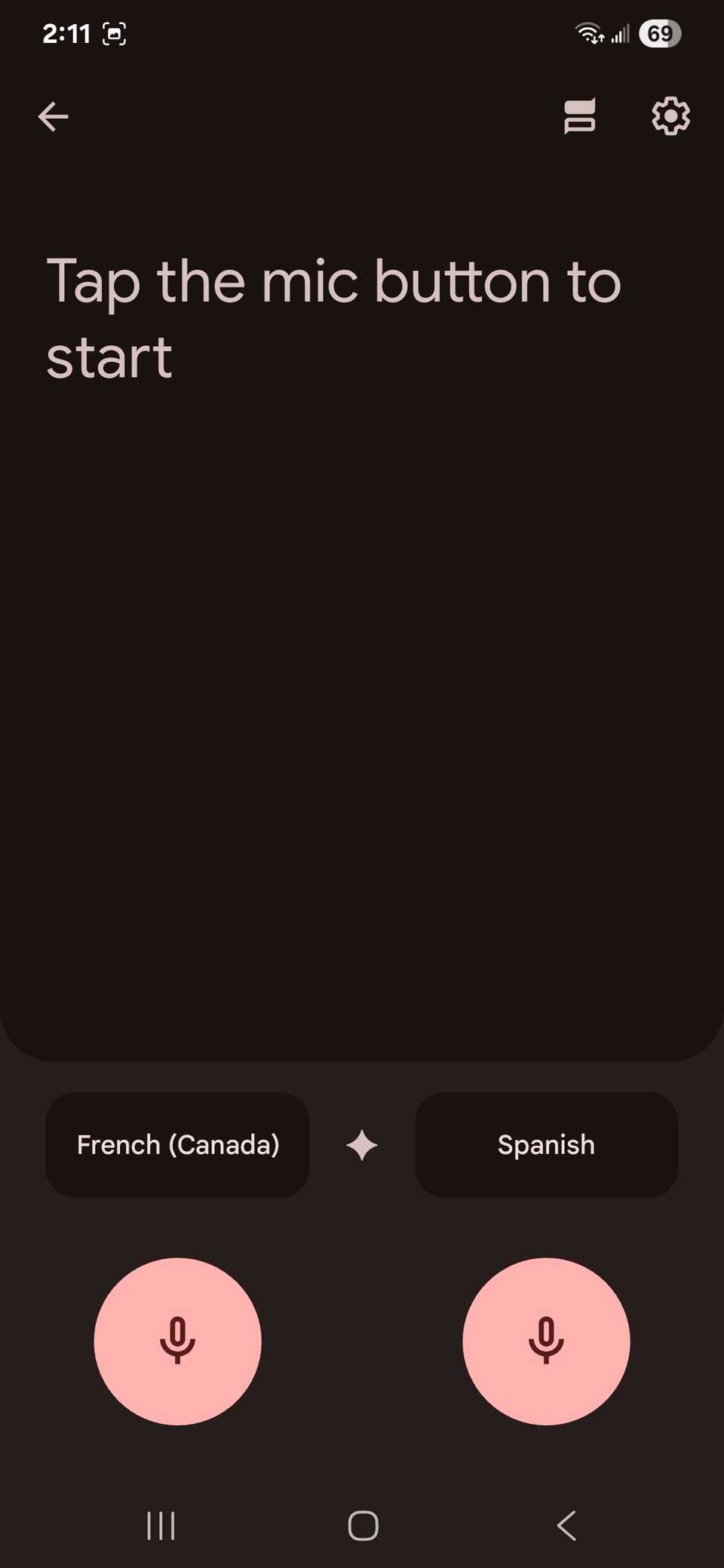Manual options for choosing conversation languages in the Google Translate app showing two microphones and the language selection above it