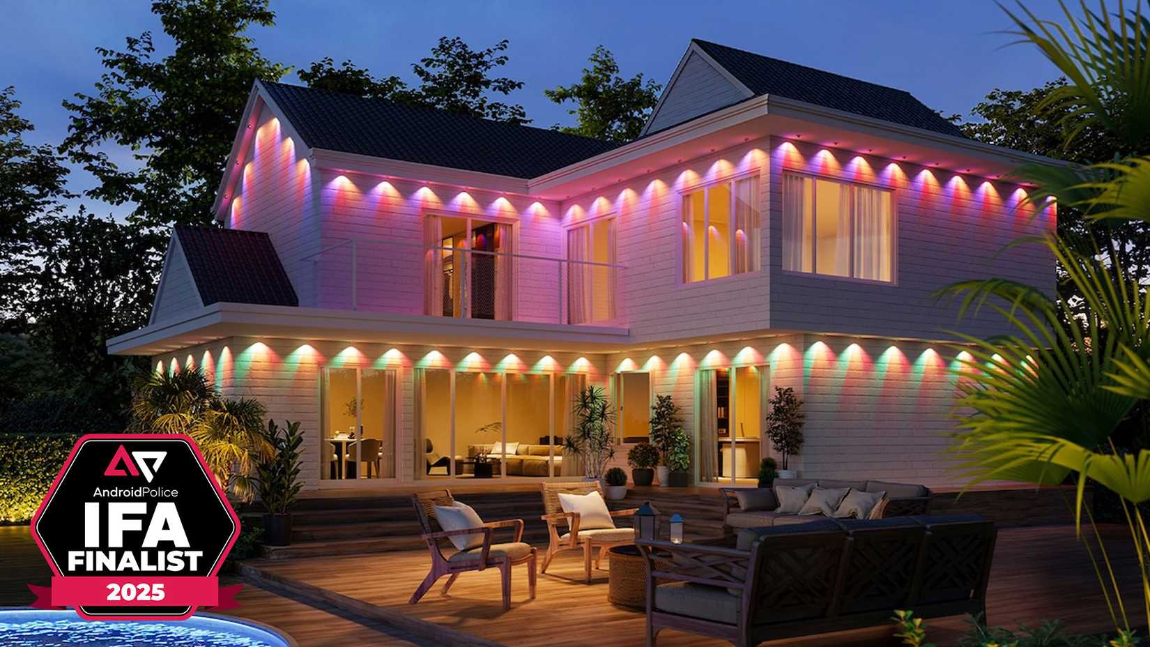 Govee Permanent Outdoor Lights Prism em uma casa com o Android Police IFA 2025 Finalist Award.