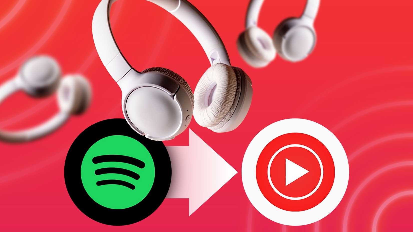 Headphones between the Spotify logo and the YouTube Music logo with an arrow pointing from Spotify to YouTube Music on a red background
