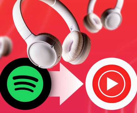 Fones de ouvido entre o logotipo do Spotify e o logotipo do YouTube Music com uma seta apontando do Spotify para o YouTube Music em um fundo vermelho