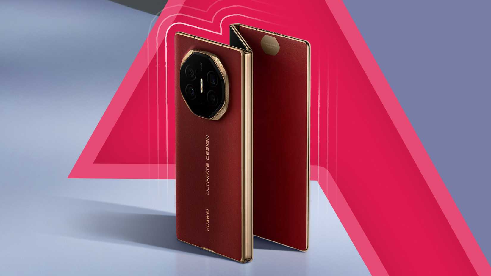 Huawei trifold smartphone against a geometric background