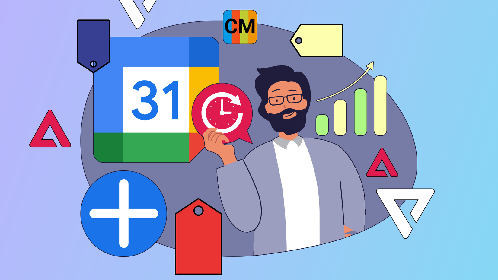 Illustration of a man next to the Google Calendar logo, surrounded by productivity icons and add-on logos.