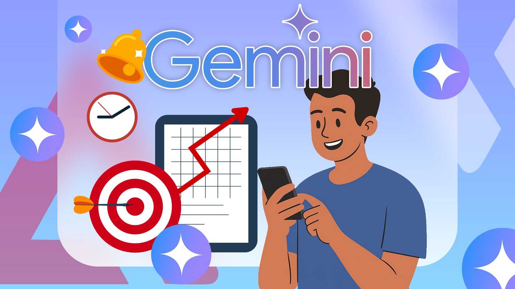Illustration of a smiling man holding a smartphone with the Gemini logo above him, surrounded by productivity icons