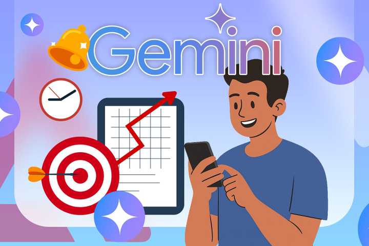 Illustration of a smiling man holding a smartphone with the Gemini logo above him, surrounded by productivity icons