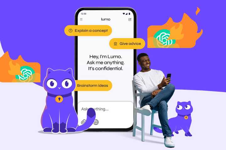 Illustration of Proton’s Lumo AI app on a smartphone with a man using his phone beside it, purple cat mascots, and burning ChatGPT logos in the background