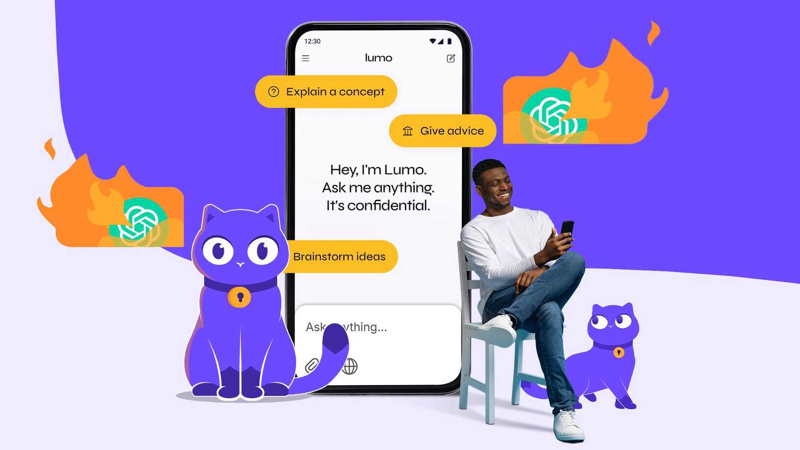 Illustration of Proton’s Lumo AI app on a smartphone with a man using his phone beside it, purple cat mascots, and burning ChatGPT logos in the background