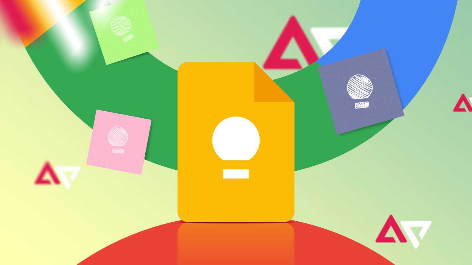 Ilustração do logotipo do Google Keep no centro, cercado por ícones coloridos de post-its