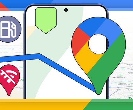 Illustration of the Google Maps logo over a smartphone screen with a navigation route, set against a colorful background.