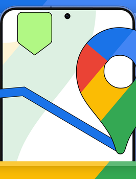 Illustration of the Google Maps logo over a smartphone screen with a navigation route, set against a colorful background.