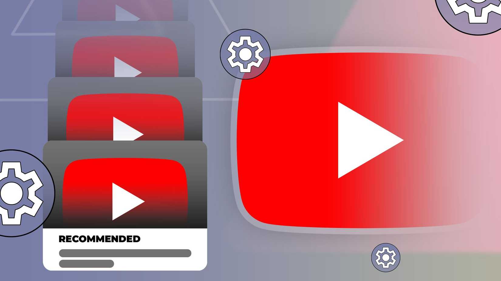 Ilustração do logotipo do YouTube com diversas miniaturas de vídeos recomendadas seguidas, cercadas por ícones de configurações