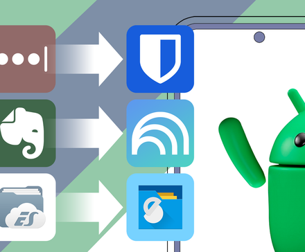 Illustration showing LastPass replaced by Bitwarden, Evernote replaced by NotebookLM, and ES File Explorer replaced by Solid Explorer, with the Android mascot displayed on a smartphone screen.