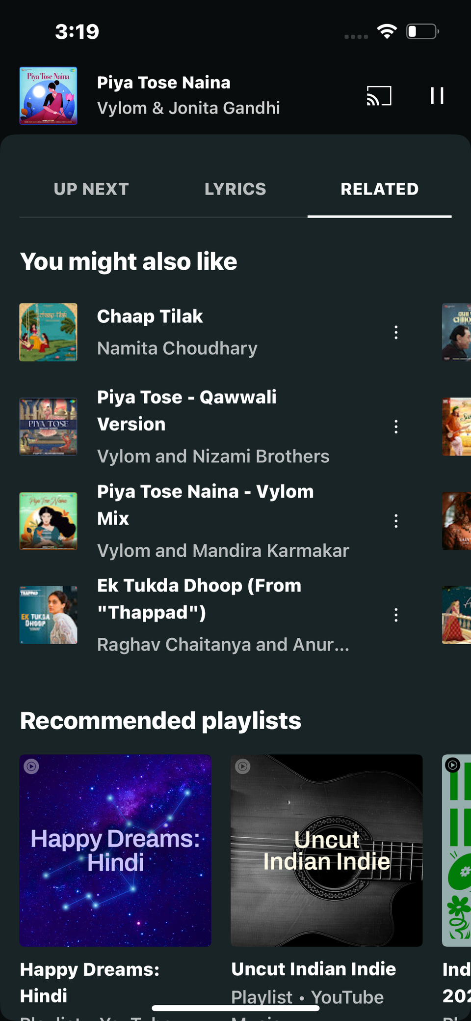 Screenshot showing Related section on YouTube Music