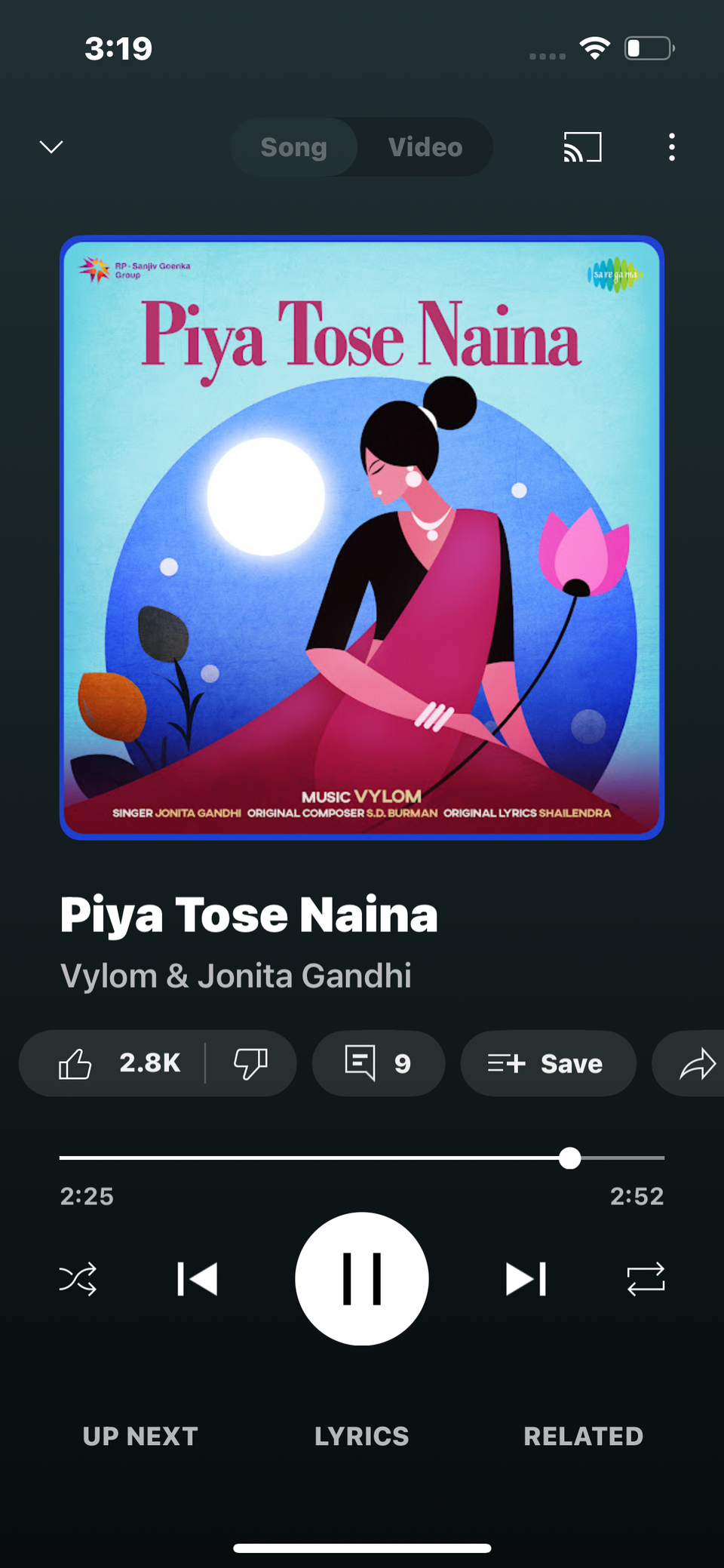 Screenshot showing now playing on YouTube Music