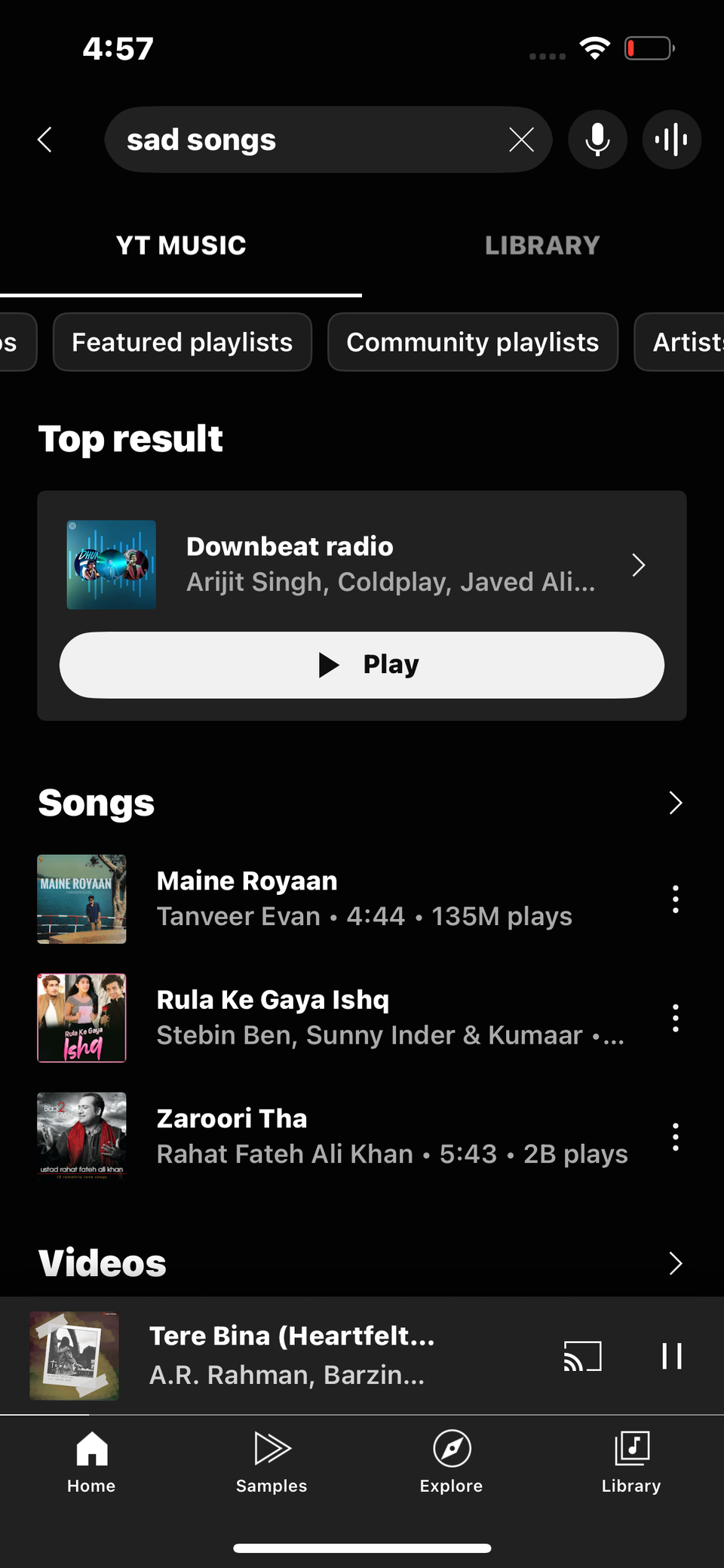 Screenshot showing search results on YouTube Music