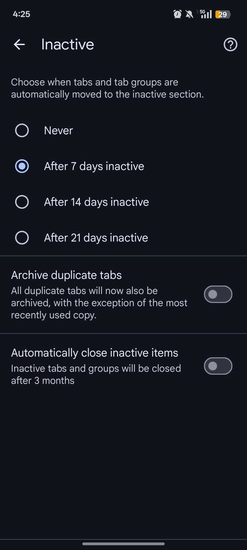 7 day inactivity option selected by user to delete dormant tabs in Google Chrome
