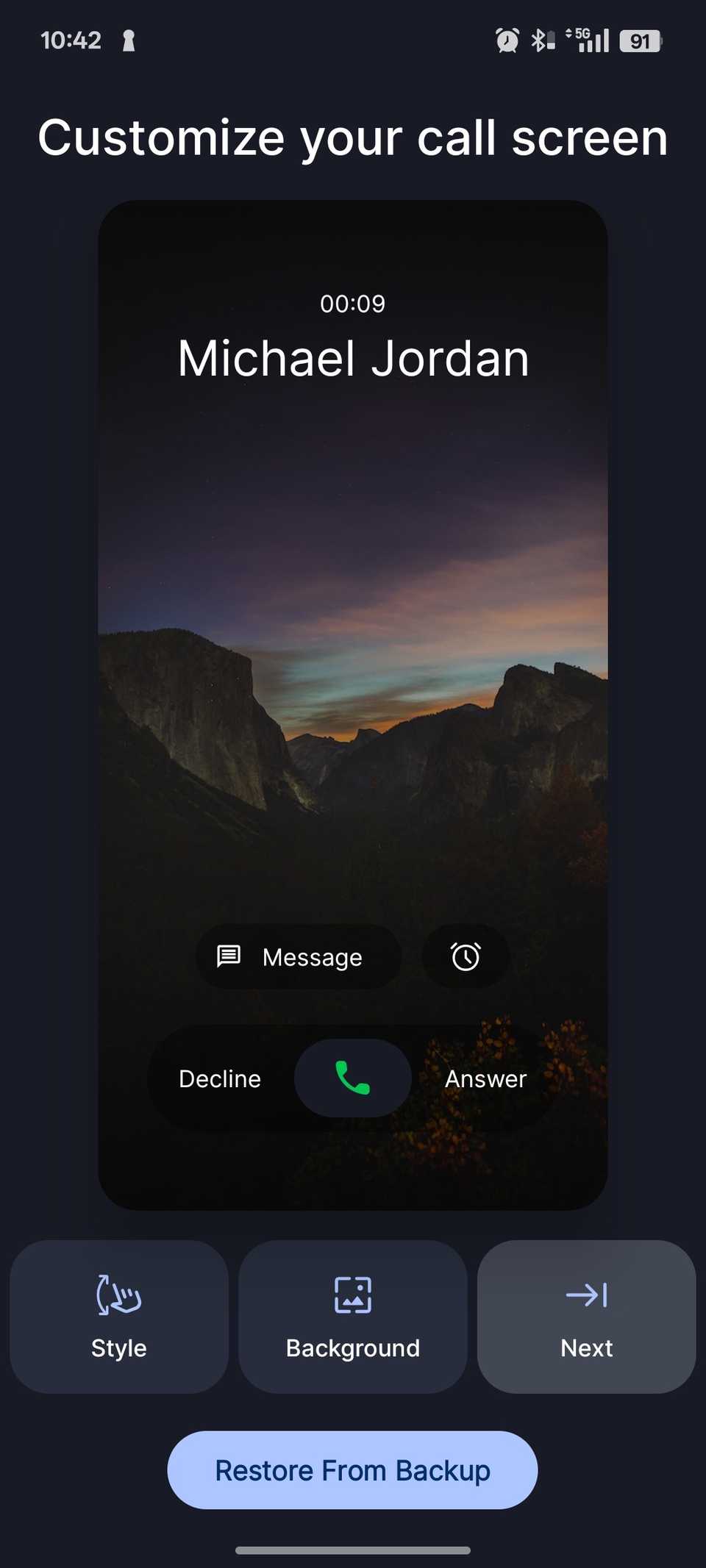 Aplicativo OLT Dialer mostrando a tela de chamada personalizada