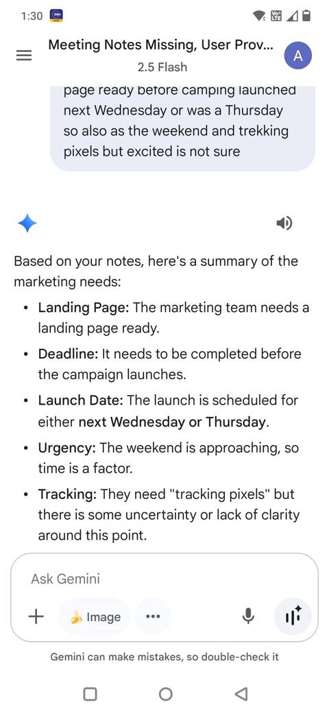 Screenshot showing a meeting summary in Gemini