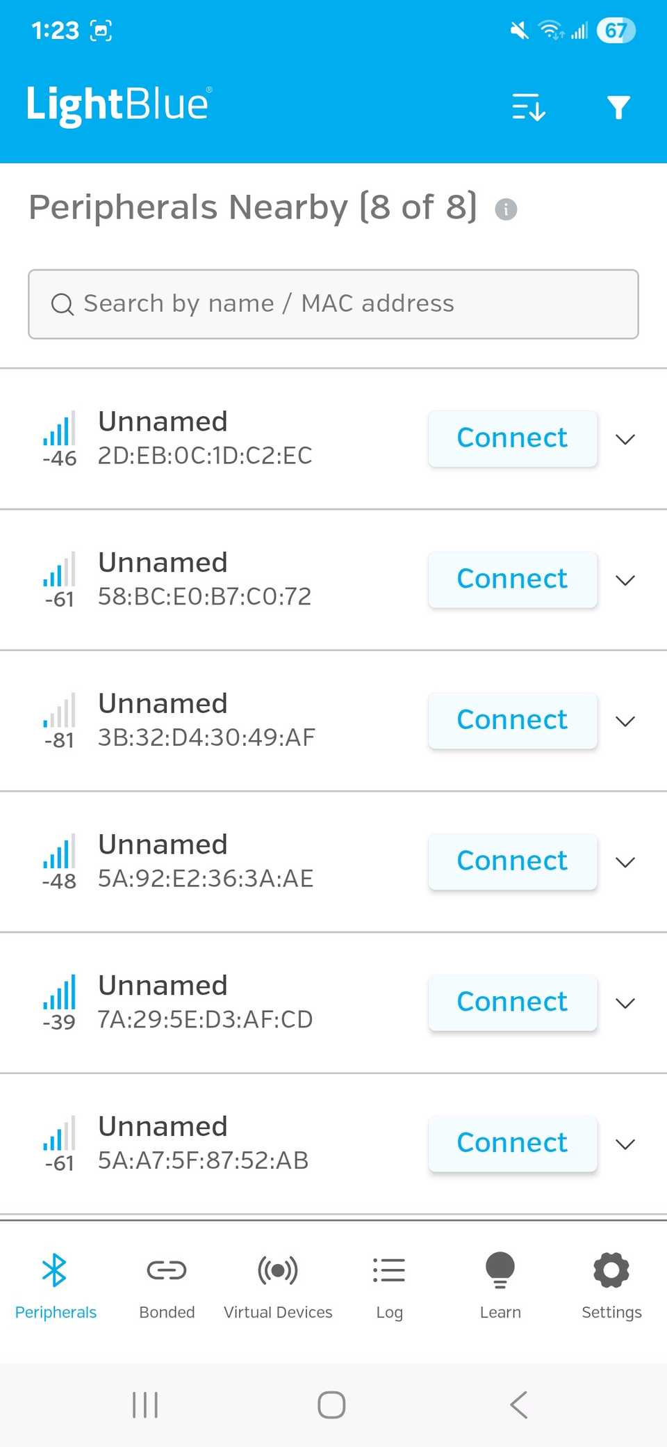 A populated list of peripherals in the Light Blue app after re-launching the app