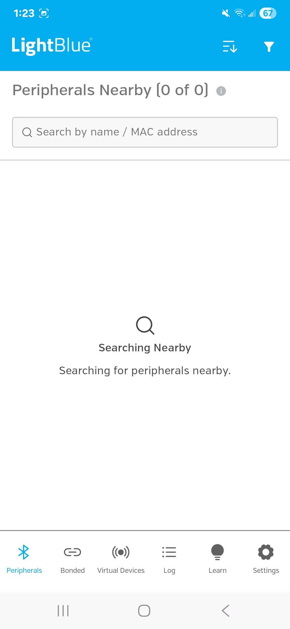 An empty list of nearby peripherals in the Light Blue app