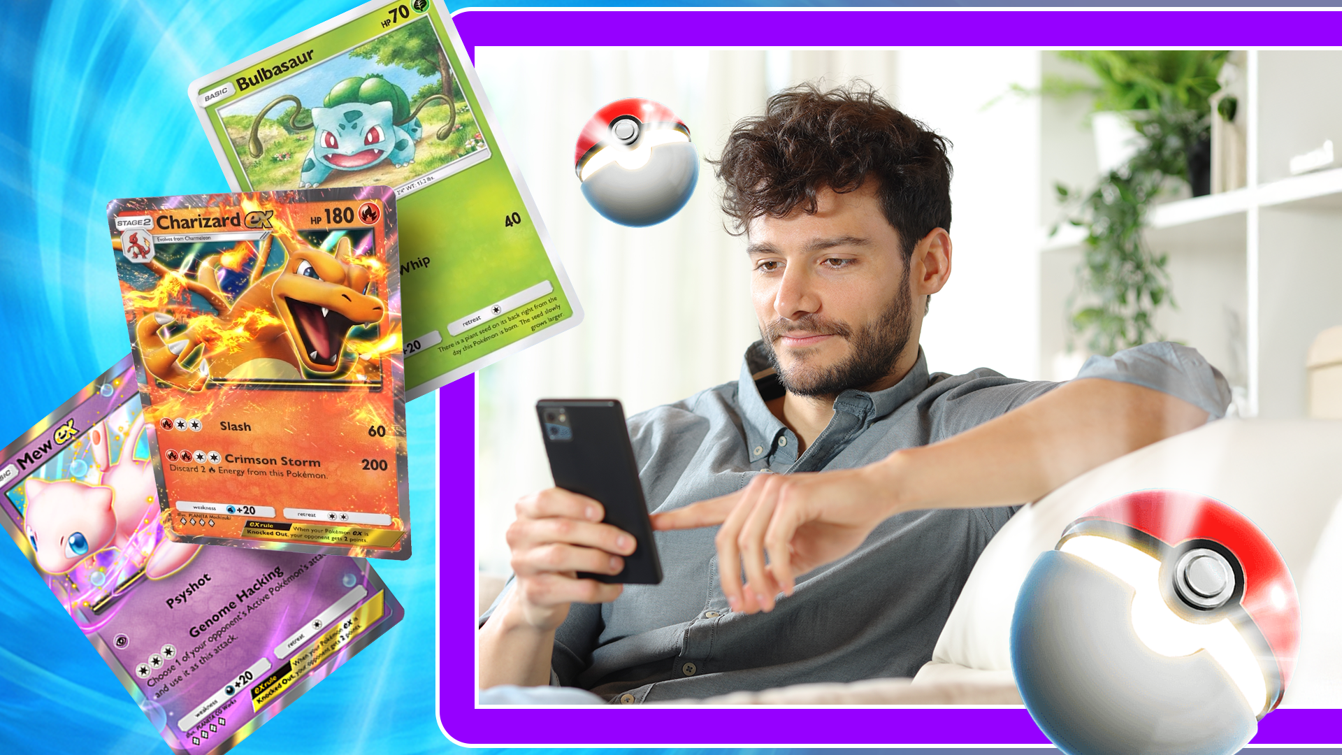 Man sitting on a couch using a smartphone, surrounded by Pokémon cards and Poké Balls.