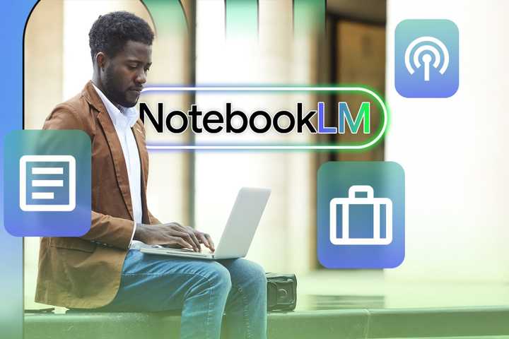 Man using a laptop outdoors with the Google NotebookLM logo