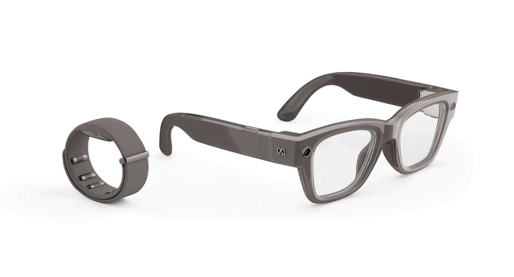pair of gray Meta Ray Ban Displays with gray wristband