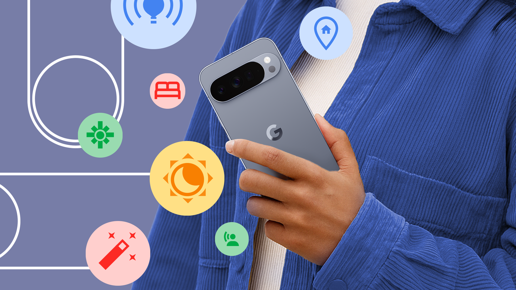 Pessoa segurando um smartphone Google Pixel cercado por ícones coloridos que representam recursos de automação, como localização, casa, sono e rotinas