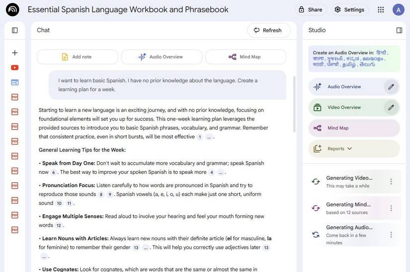 Screenshot showing how to set up a study plan in NotebookLM 