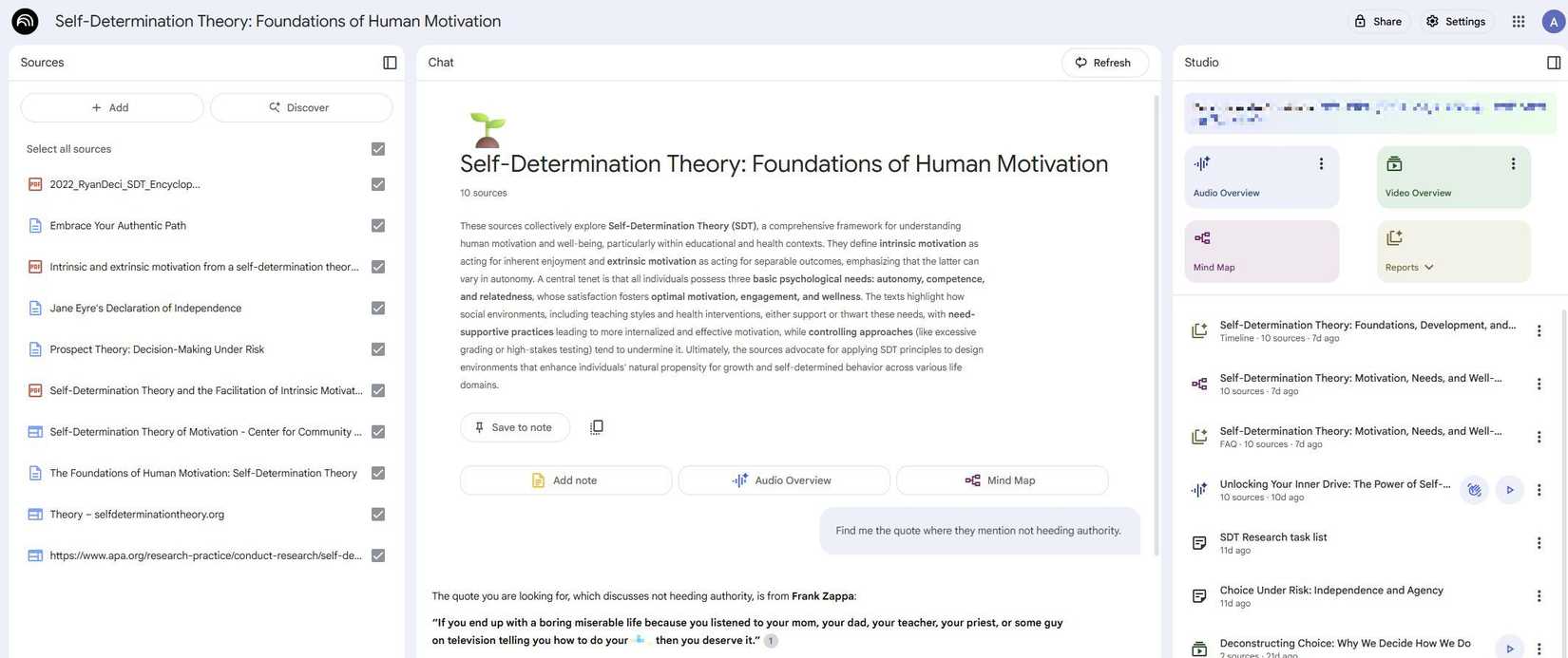 Screenshot showing a prompt for finding a quote with NotebookLM