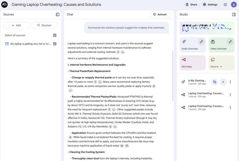Screenshot showing a prompt for summarizing Reddit threads with NotebookLM