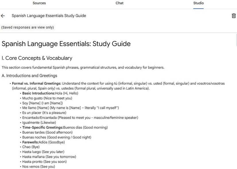 Screenshot showing a study guide in NotebookLM