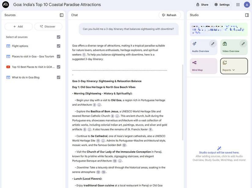 Screenshot showing a prompt for planning a trip in NotebookLM