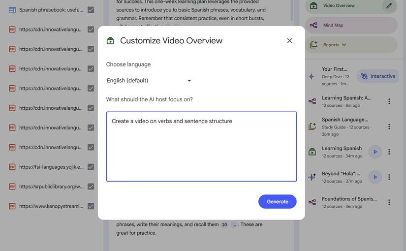 Screenshot showing a prompt for Video Overview in NotebookLM