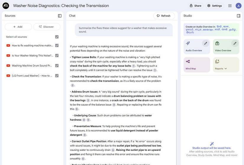 Screenshot showing a prompt for summarizing YouTube tutorials with NotebookLM