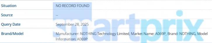 An alleged screengrab from the IMEI database detailing an upcoming Nothing-branded smartphone