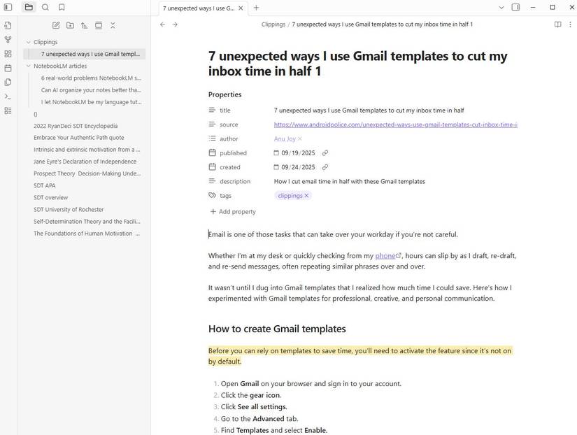 Screenshot showing saved articles in the Obsidian app on desktop
