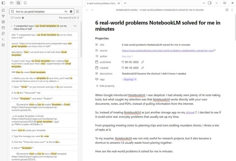 Screenshot showing how to search for articles in the Obsidian app on desktop