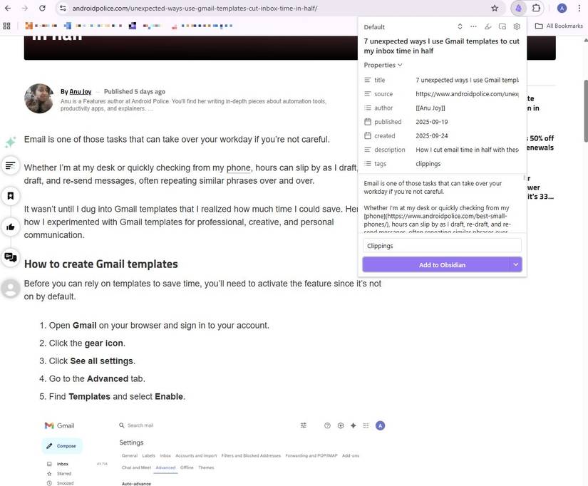 Screenshot showing the Obsidian Web Clipper in Chrome