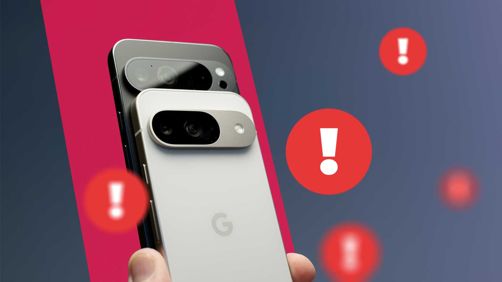 Uma mão segurando dois smartphones Google Pixel, cercados por símbolos de alerta vermelhos